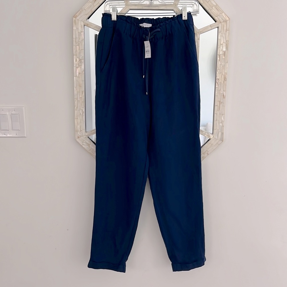 NWT Loft Navy Drawstring Elastic Linen Pants Size XS